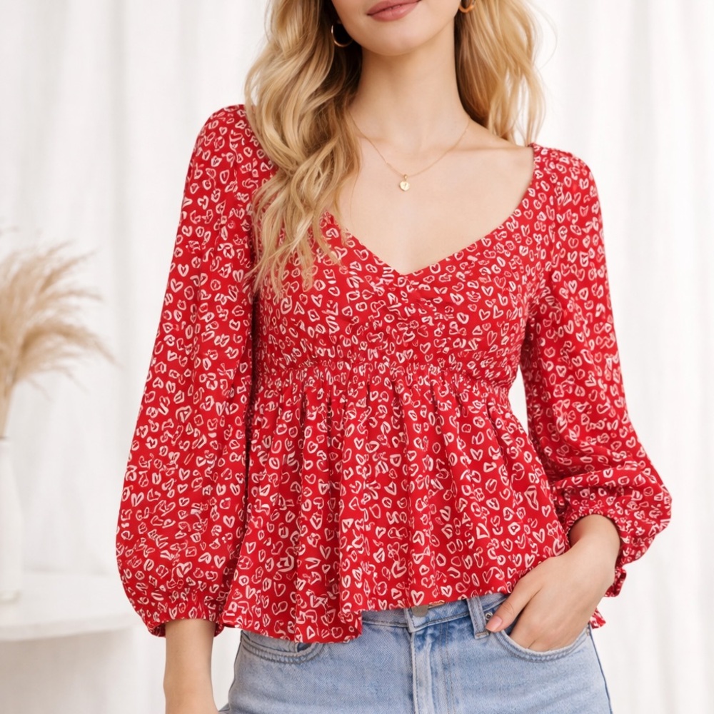 LOFT Red Top with White Heart Print
